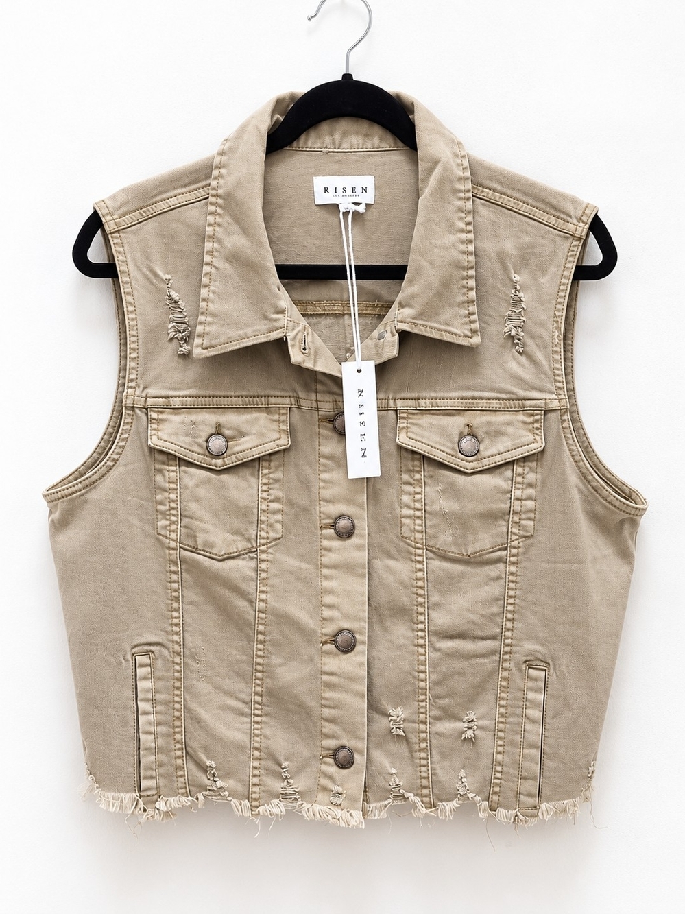 Risen Los Angeles Distressed Denim Vest – 1XL – Khaki/Taupe